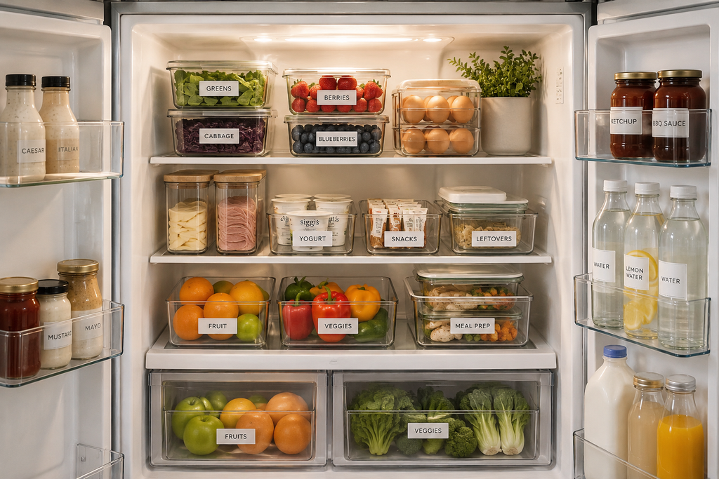 Labeled clear fridge bins organizing snacks and everyday foods for easy access