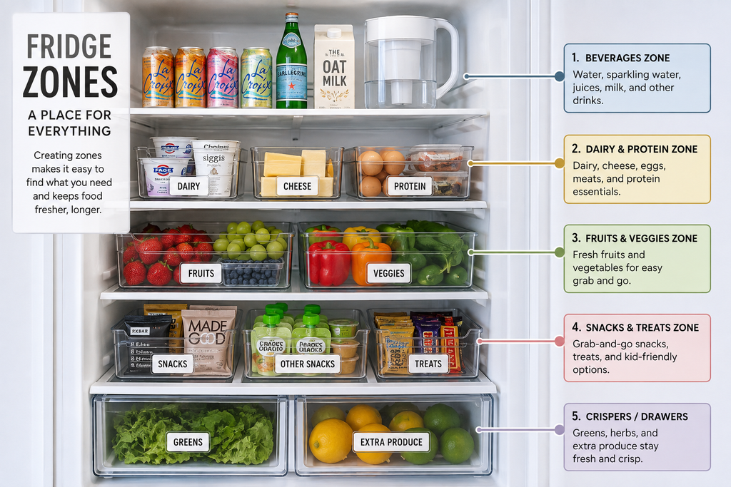 Organized refrigerator divided into five practical zones for drinks, produce, meals and everyday foods