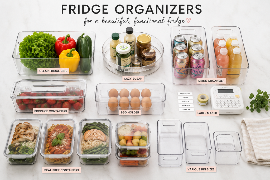 Fridge organization flat lay with clear bins, food containers, labels, lazy Susan, egg holder and meal-prep containers