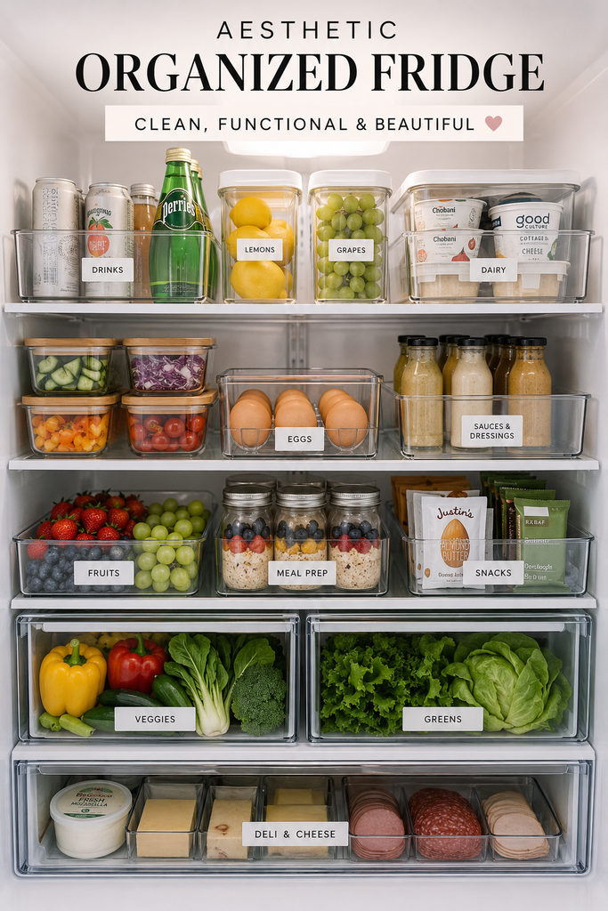 Aesthetic organized fridge with clear bins, labeled zones, fresh produce and neatly arranged food storage