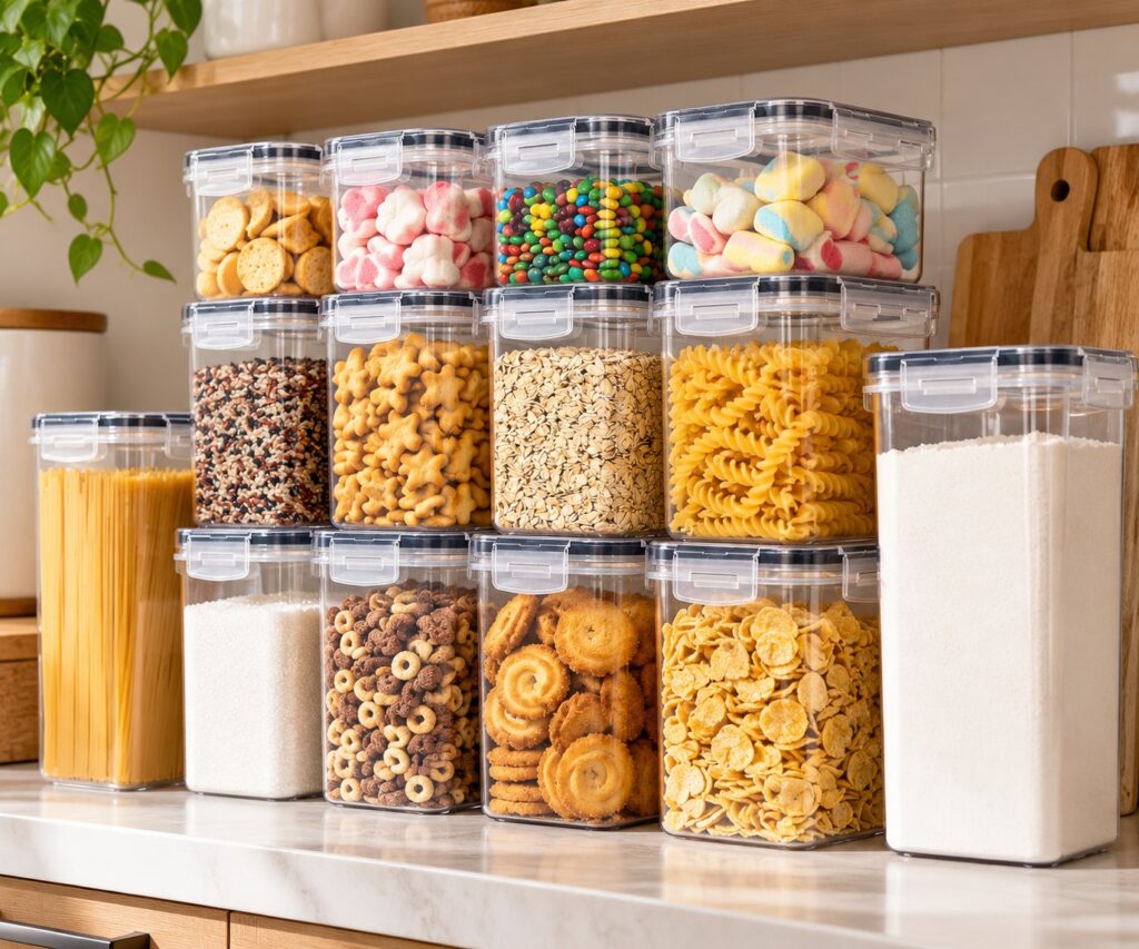Stack of clear airtight food storage containers with black-trimmed latching lids holding cereal, pasta, flour, sugar and snacks