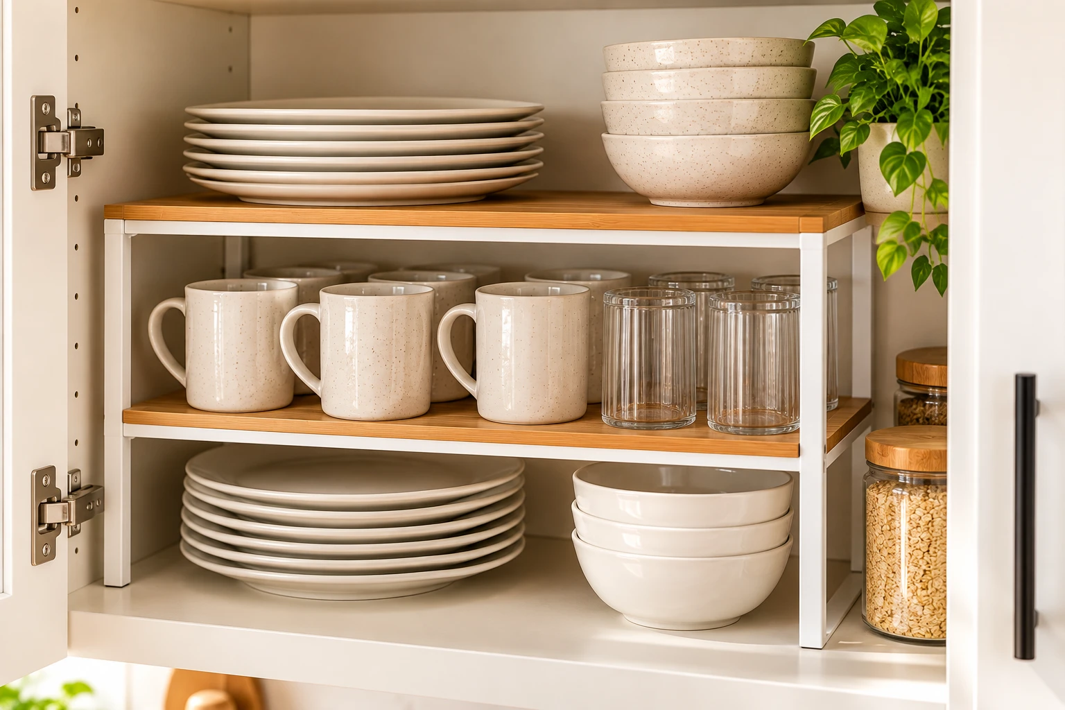 Kitchen cabinet with a shelf riser organizing plates, bowls, and mugs