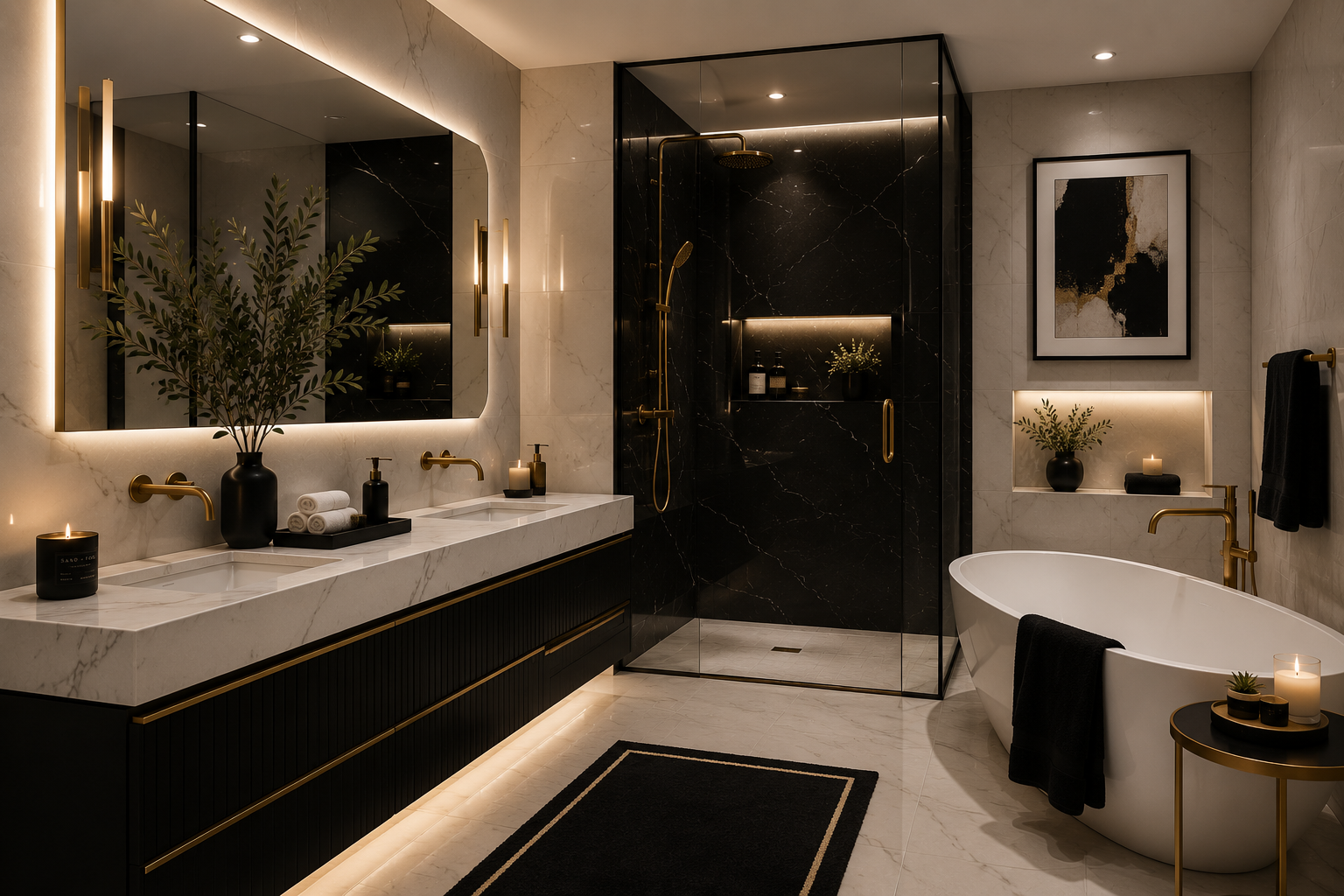 Warmly lit minimalist luxury bathroom with a white marble double vanity, black fluted cabinets with brass trim, a black marble walk-in shower, a freestanding tub and stoneware vases of olive branches