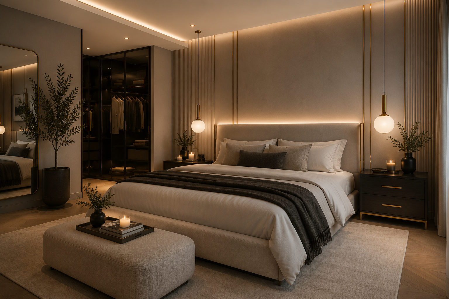 Warmly lit minimalist luxury bedroom with an upholstered headboard, brass globe pendant lights beside the bed, dark wood nightstands, a charcoal throw and stoneware vases of olive branches