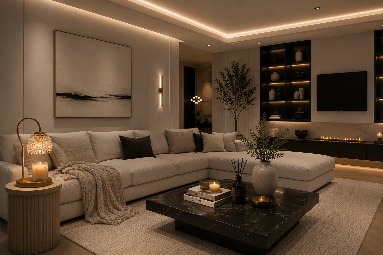 Warmly lit minimalist living room at night with a cream sectional sofa, a chunky knit throw, a black marble coffee table styled with books and a brass bowl, and backlit shelves holding stoneware vases