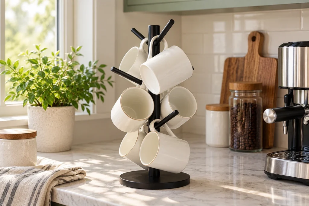 Black metal mug tree holding cream ceramic mugs on a kitchen countertop beside a coffee machine.