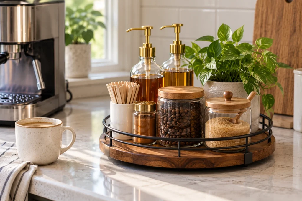 Round wooden rotating tray with black metal rim organizing coffee syrups, beans, and sugar jars on a kitchen counter.