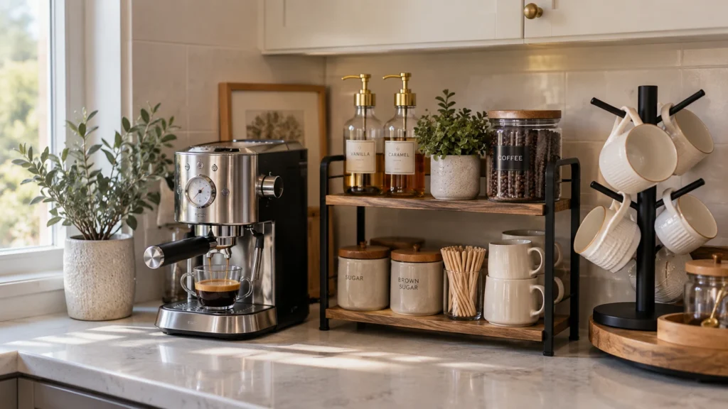Small home coffee station with an espresso machine, organized coffee supplies, and compact countertop storage.