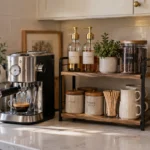 Small home coffee station with an espresso machine, organized coffee supplies, and compact countertop storage.
