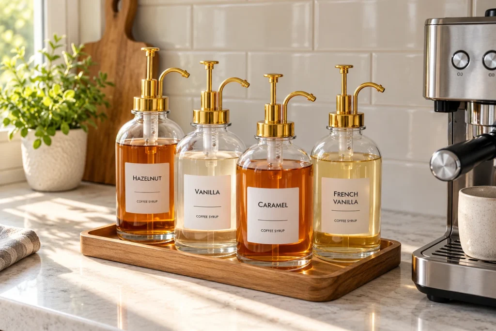 Four glass coffee syrup dispensers with gold pumps arranged on a wooden tray beside an espresso machine.