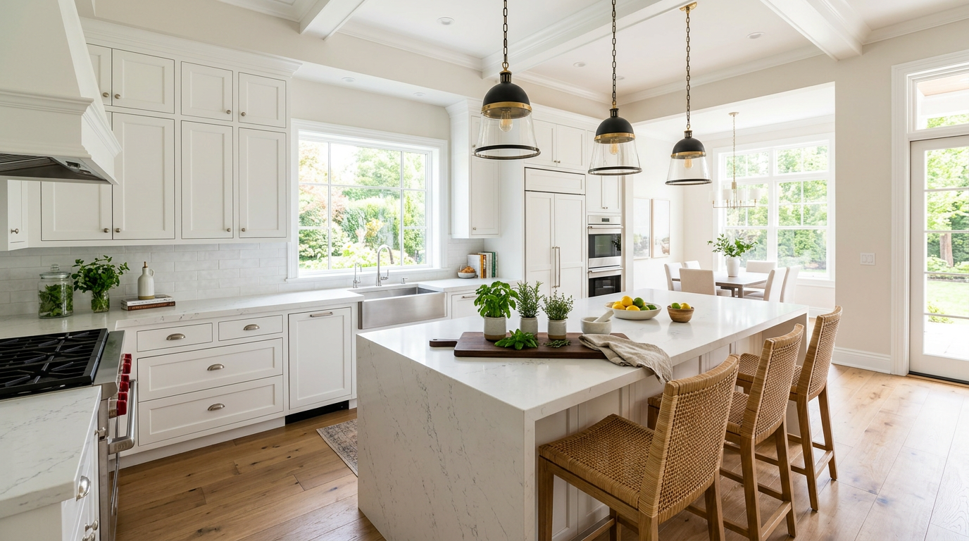 Bright white kitchen with Shaker cabinets, a marble waterfall island with woven counter stools, glass pendant lights and potted herbs on the counter