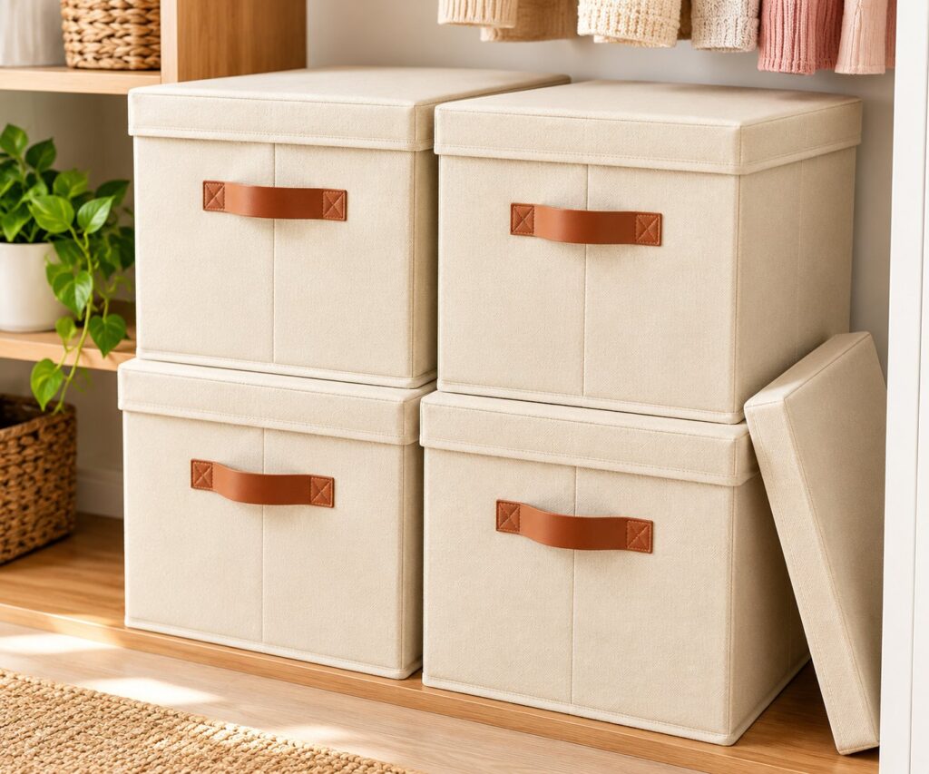 Stack of cream fabric storage bins with lids and leather-look handles on a shelf in a bright room