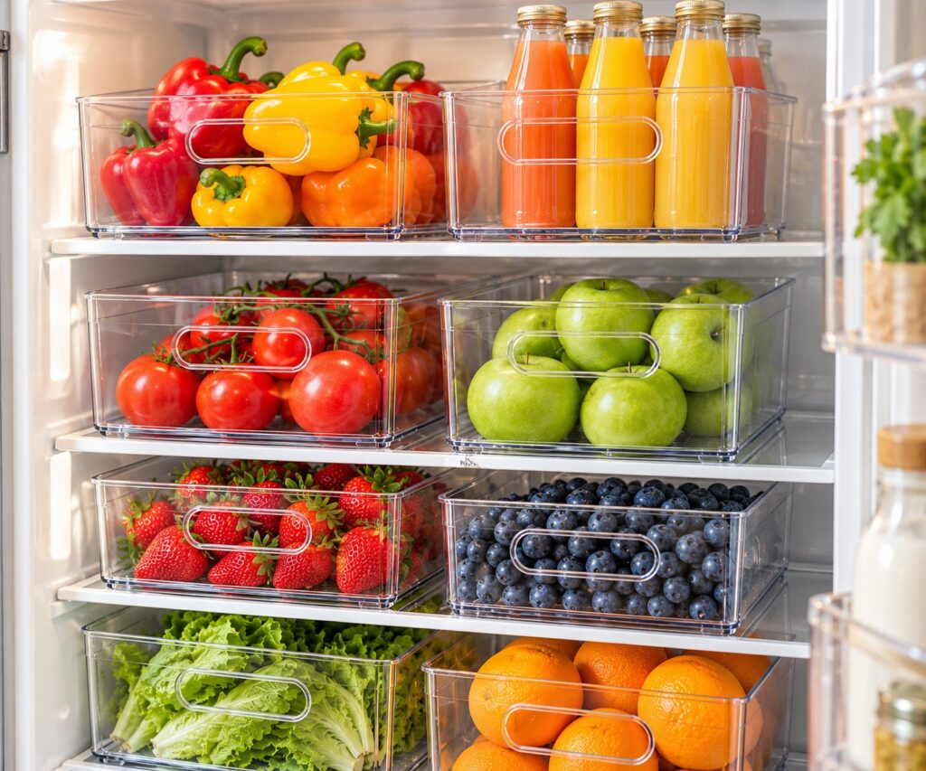Clear stackable refrigerator bins on fridge shelves filled with peppers, tomatoes, strawberries, blueberries, apples and juice bottles