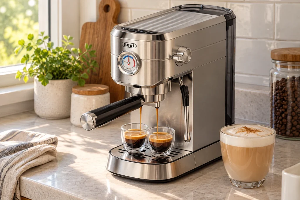 Gevi stainless steel espresso machine with pressure gauge and steam wand on a kitchen counter.