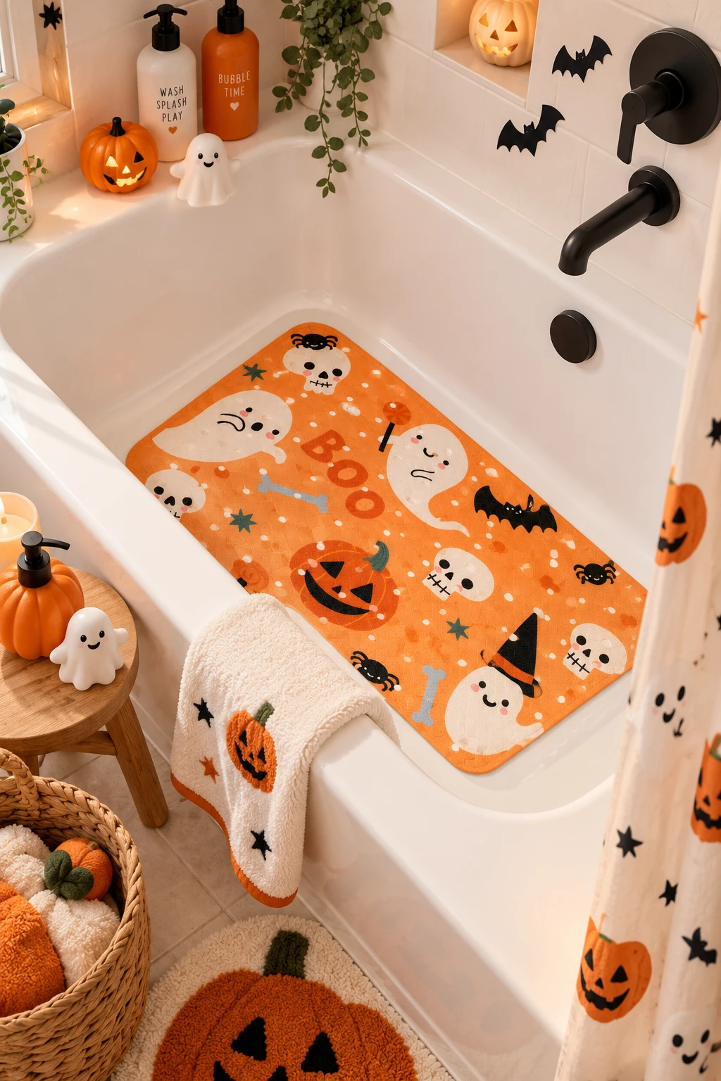 Cute Halloween bathroom ideas for kids with a festive Halloween bath mat
