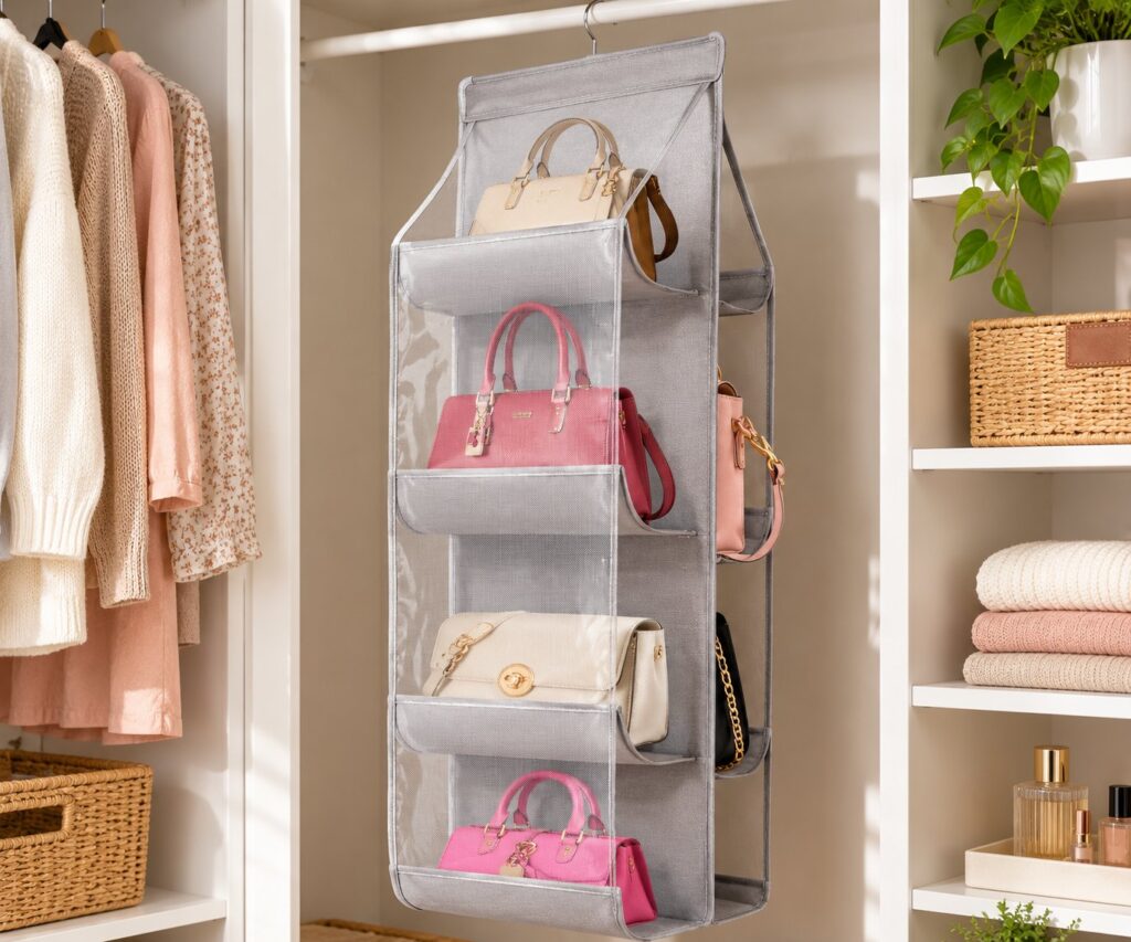 Light gray hanging handbag organizer with clear pockets holding four handbags in a bright closet
