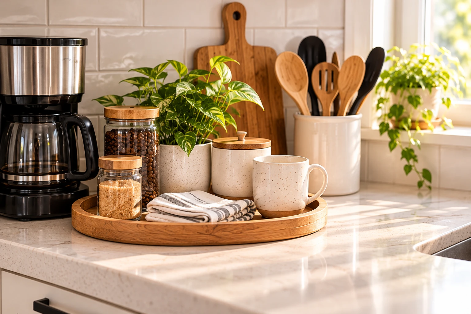 Organized kitchen coffee station with a wooden countertop tray, coffee maker, jars, and ceramic mug