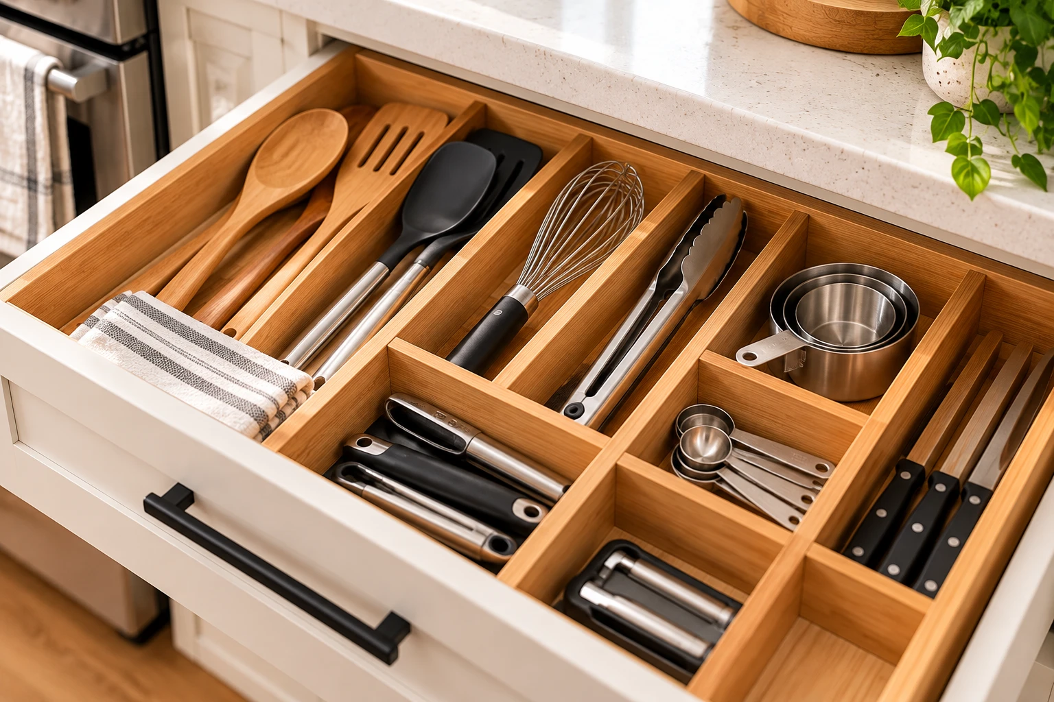 Kitchen drawer neatly organized with bamboo dividers for cooking utensils