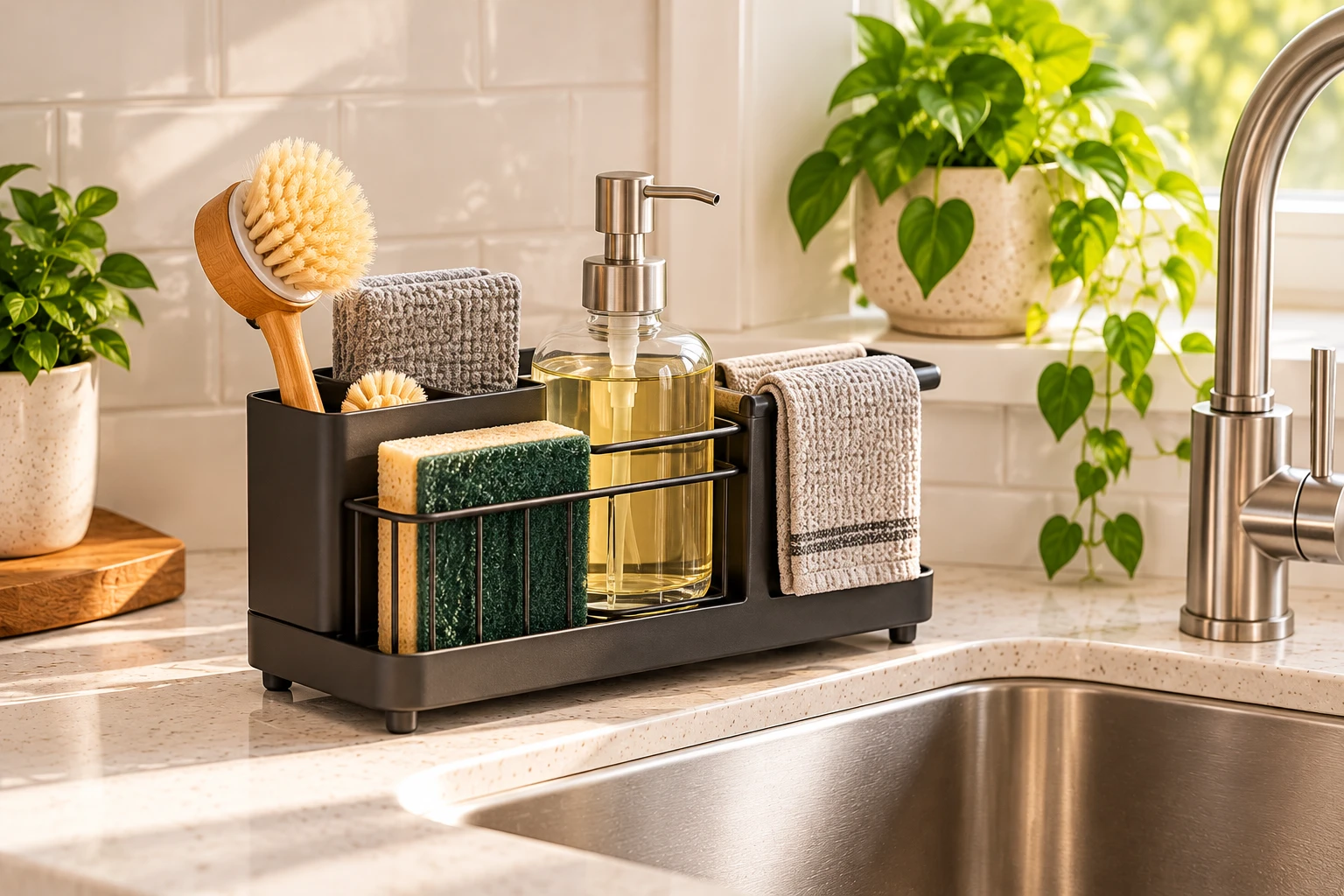 Kitchen sink caddy organizing dish soap, brushes, and sponges