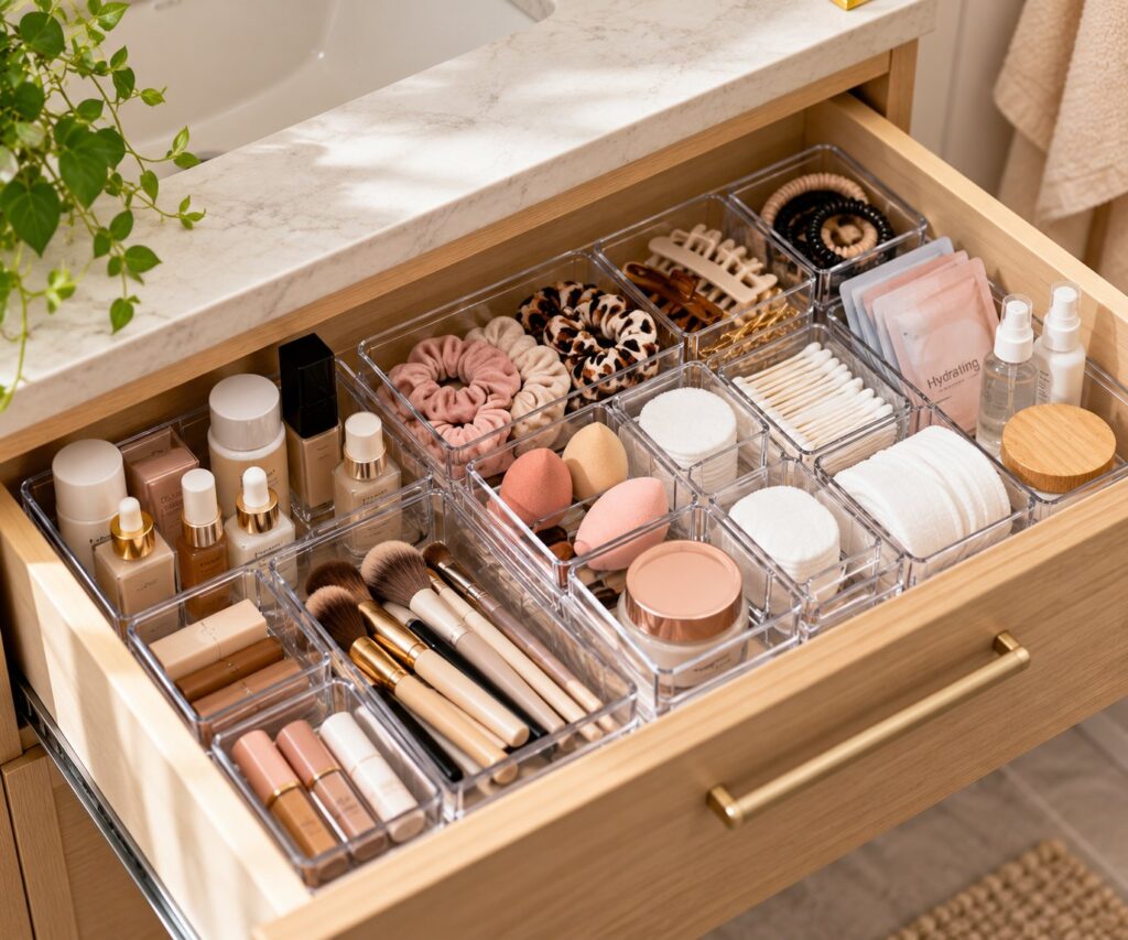 Open bathroom drawer with clear compartment trays organizing makeup brushes, skincare, hair accessories and cotton rounds