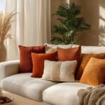 Cream boucle sofa styled with rust and terracotta throw pillows, a chunky knit throw and dried pampas grass in soft afternoon light