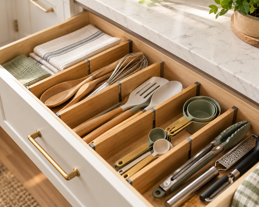 Kitchen drawer with adjustable bamboo dividers separating wooden spoons, spatulas, measuring cups, tongs and dish towels