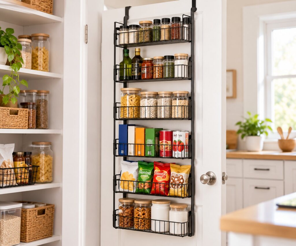 Black over-the-door pantry rack holding spices, jars, boxes and snacks beside a pantry with open shelves