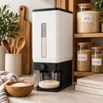 White rice dispenser in an organized kitchen pantry
