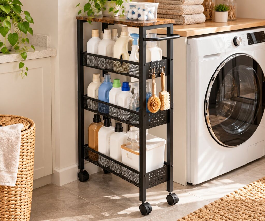 Slim black four-tier rolling cart with laundry detergents and cleaning supplies beside a washing machine