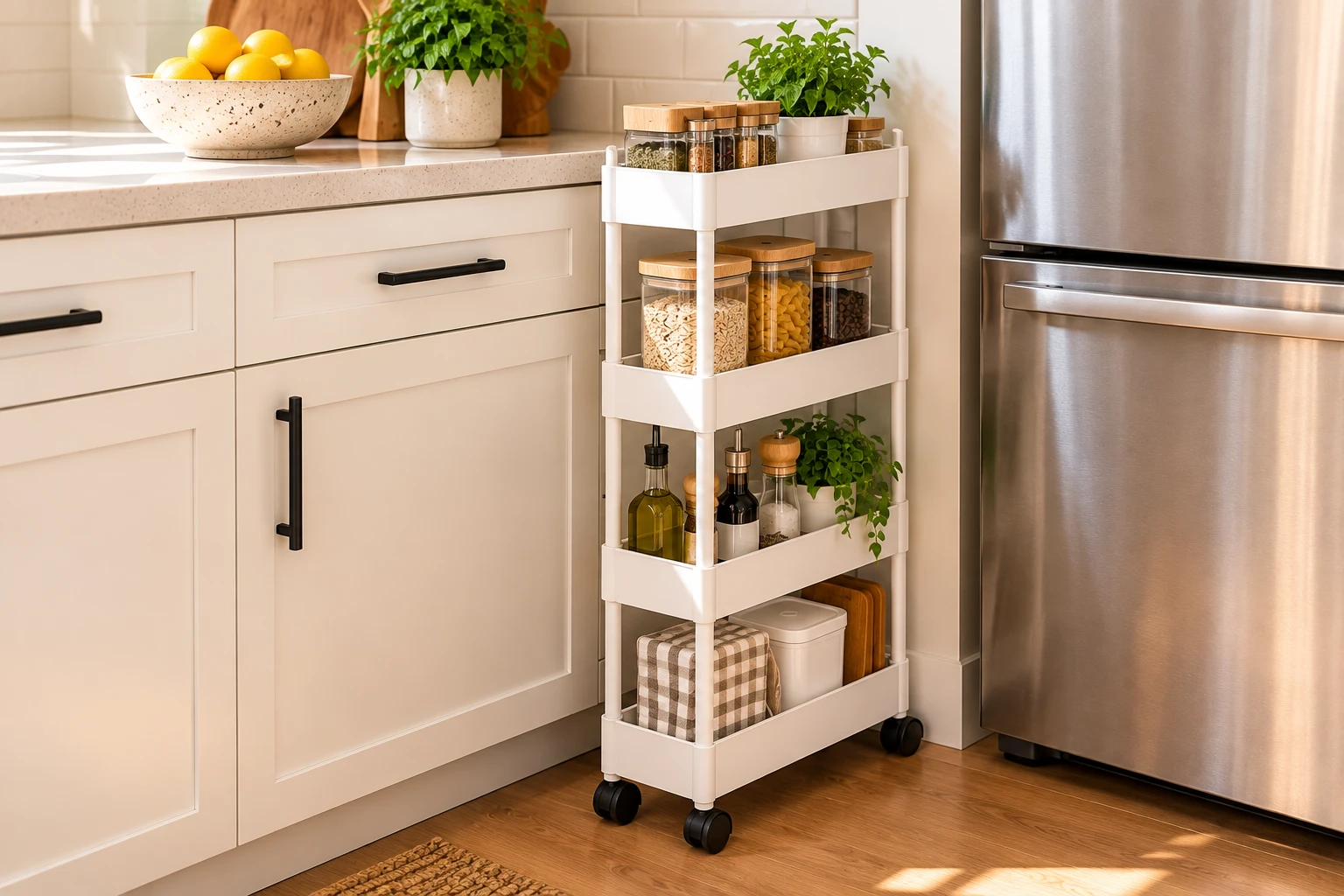 Slim white rolling kitchen storage cart beside a refrigerator, organizing pantry essentials