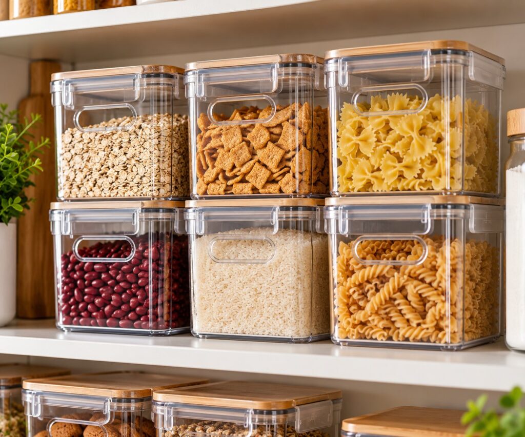 Clear stackable pantry bins with handles holding cereal, pasta, rice and snacks on a bright pantry shelf