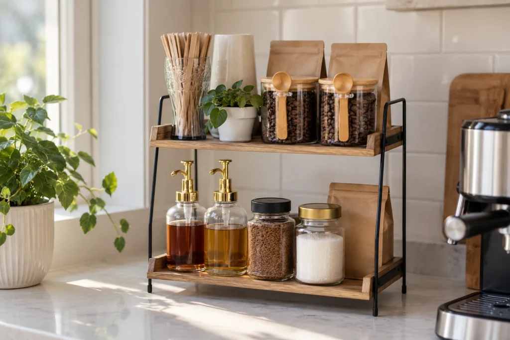 Two-tier wood and black metal coffee station organizer holding coffee beans, syrups, and small kitchen essentials.