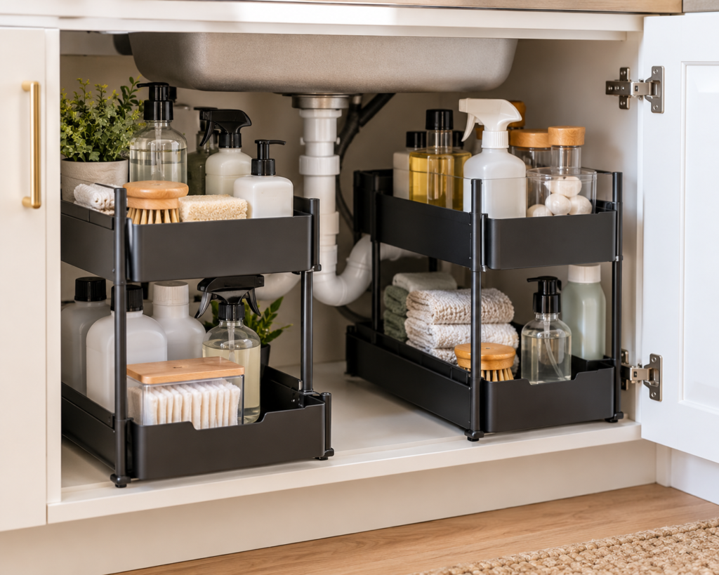 Two black two-tier organizers under a kitchen sink holding cleaning supplies, soap bottles and folded towels