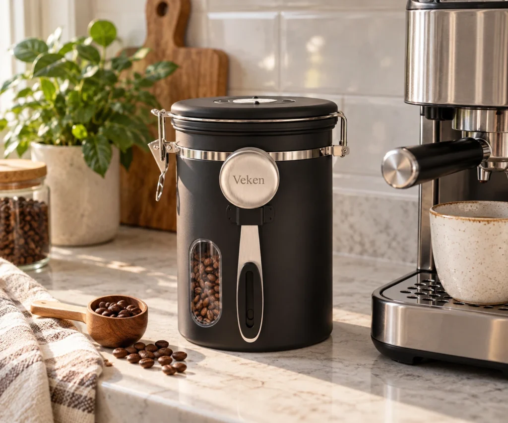 Black Veken coffee canister with a viewing window beside an espresso machine on a kitchen counter.