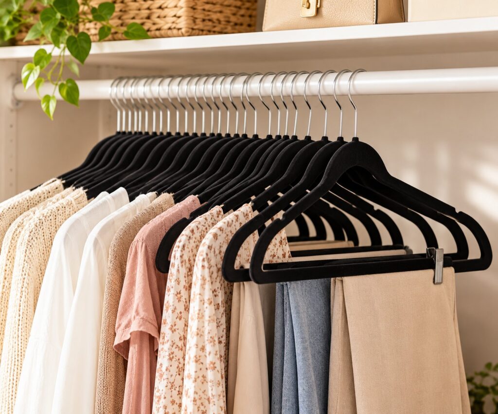 Slim black velvet hangers on a white closet rod holding neatly arranged blouses, knits and pants