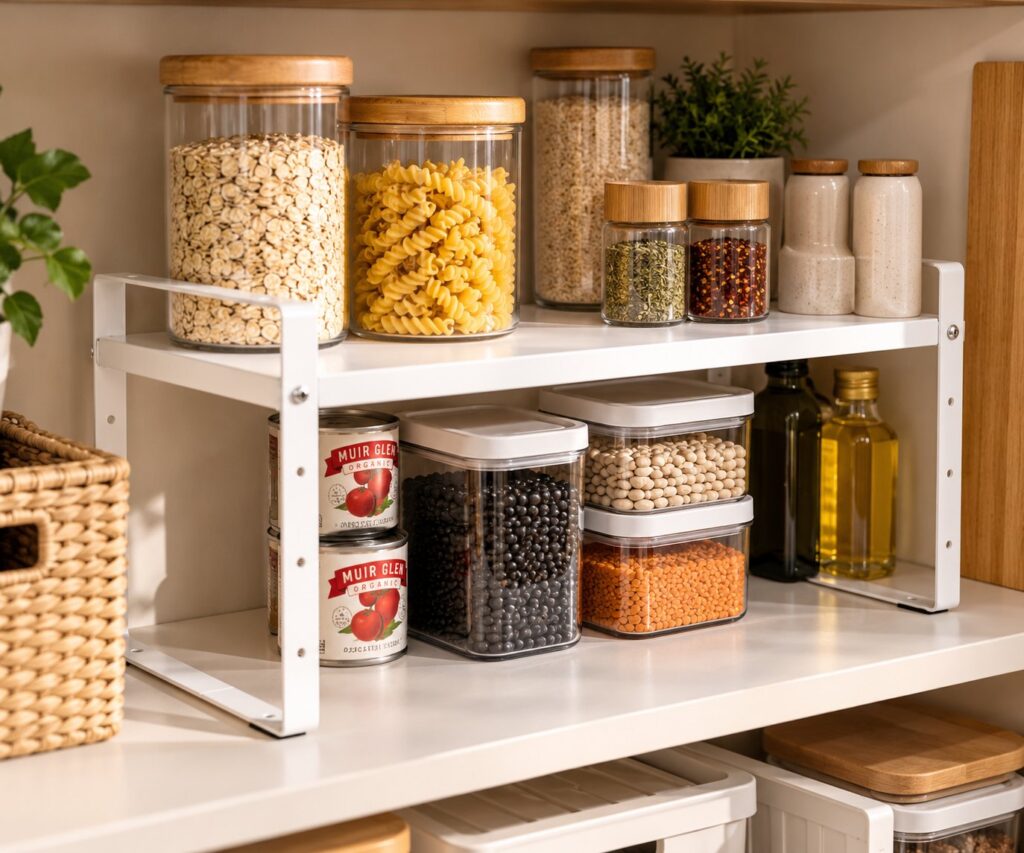 White adjustable two-level pantry shelf riser holding glass jars of oats and pasta, spice jars, canned tomatoes and containers of lentils and beans