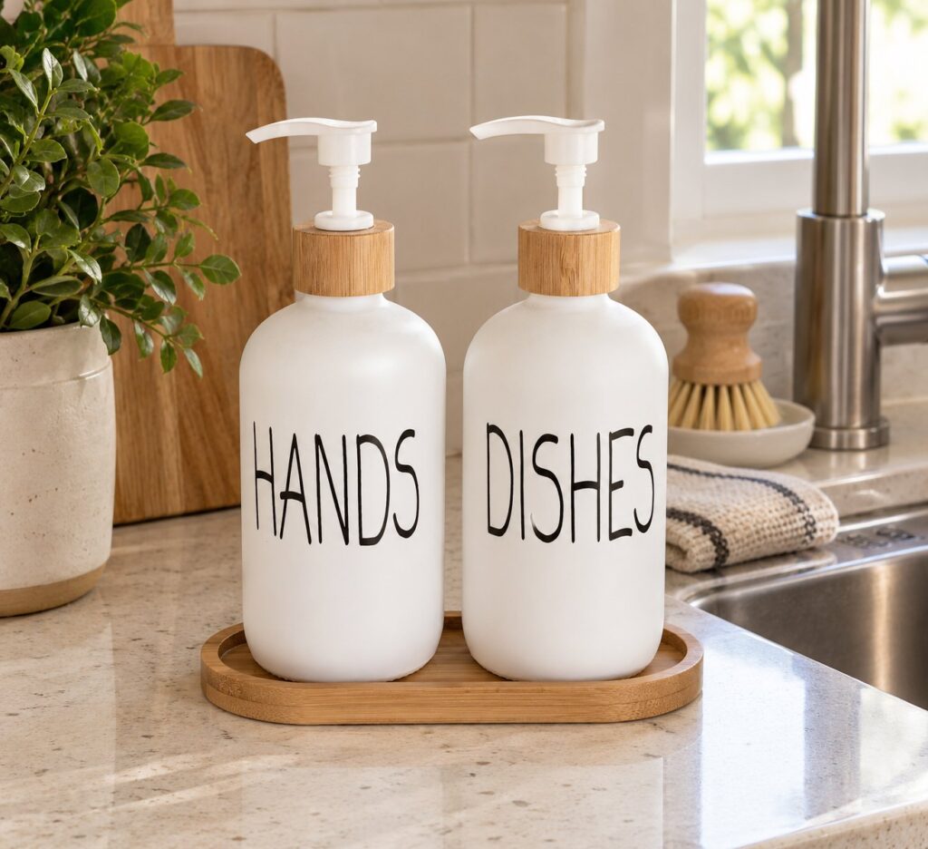 White HANDS and DISHES soap dispensers with bamboo collars on a bamboo tray beside a kitchen sink