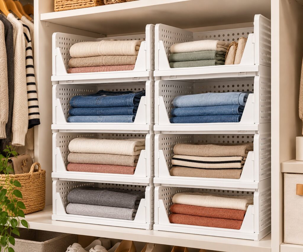 Two stacks of white stackable perforated storage bins, open at the front, holding folded sweaters and jeans on a closet shelf