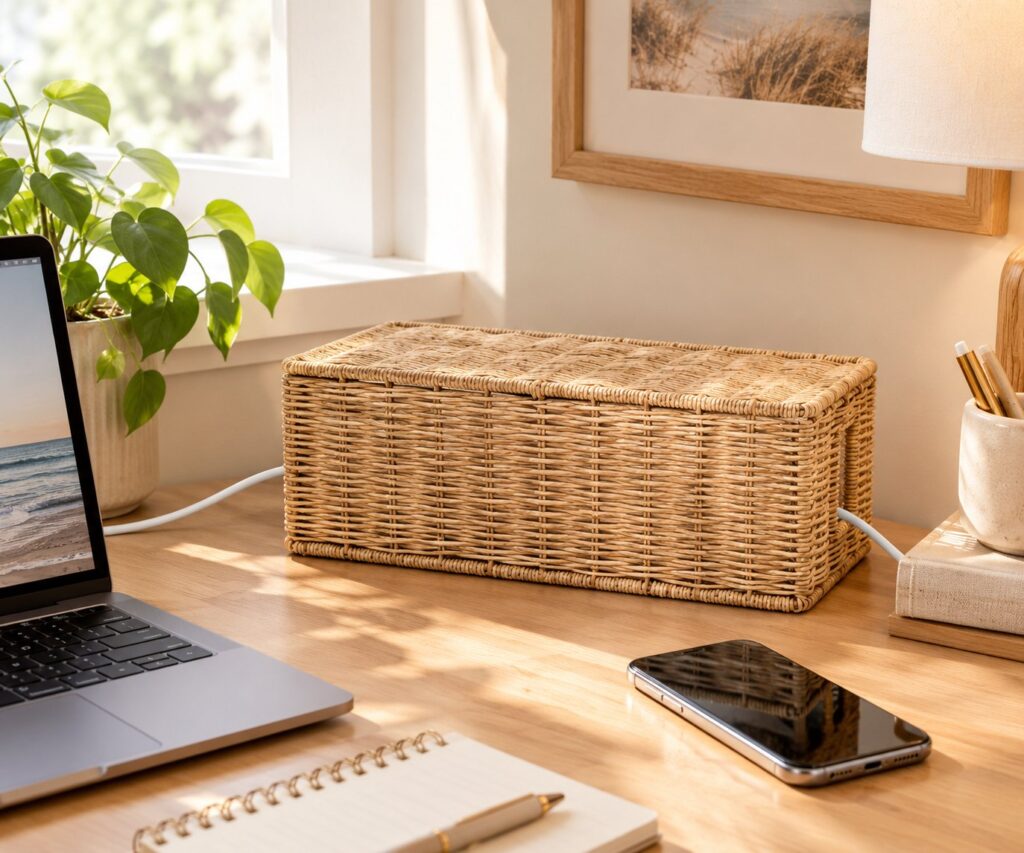 Woven cable management box on a sunny desk beside a laptop and phone, concealing a power strip and cords